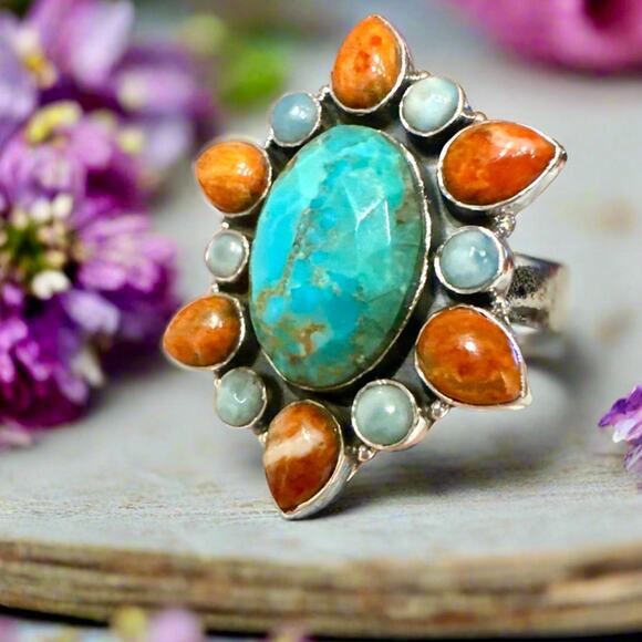 Sterling Jewelry - Faceted Mohave Turquoise Spiny Oyster & Larimar Statement Ring 1.75” Long